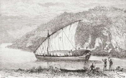 Eine Dhow auf dem Kongo-Fluss im 19. Jahrhundert, aus 